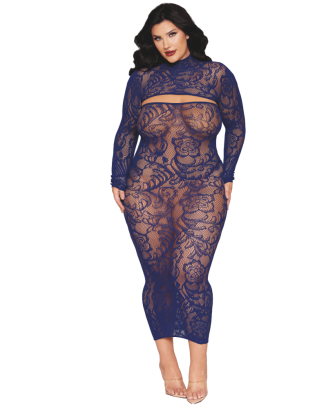 Ensemble 2 pièces grande taille top manches longues et robe bleu marine 